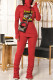 Burgundy Fashion Casual Print Fold Turtleneck Long Sleeve Two Pieces