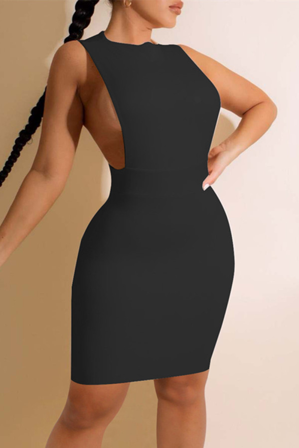 Black Fashion Sexy Solid Patchwork O Neck Sleeveless Dress Dresses