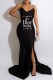 Black Fashion Sexy Letter Print Backless Slit Spaghetti Strap Wrapped Skirt Dresses