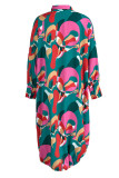 Red Casual Print Patchwork Buckle Shirt Dress Dresses