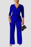 Red Casual Solid Patchwork Turndown Collar Straight Jumpsuits