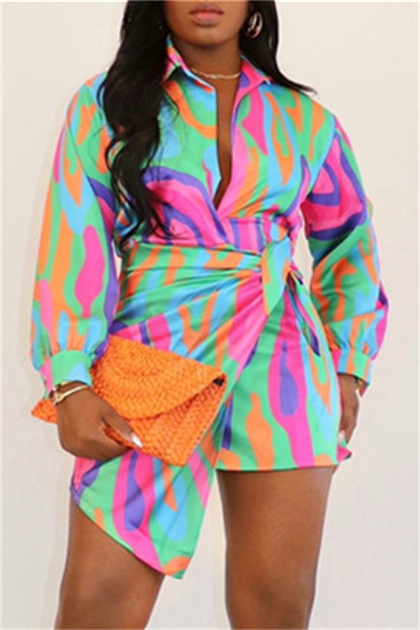 Colour Fashion Casual Print Patchwork Turndown Collar Long Sleeve Dresses