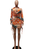 Purple Fashion Print Bandage Patchwork V Neck One Step Skirt Dresses