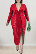 Red Sexy Solid Sequins Patchwork Slit V Neck Plus Size Dresses