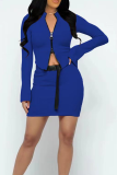Blue Sexy Solid Patchwork Zipper Collar Long Sleeve Two Pieces