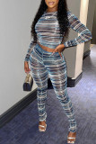 Blue Sexy Striped Print Patchwork O Neck Long Sleeve Two Pieces