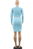 Baby Blue Sexy Solid Patchwork Draw String Fold Asymmetrical Collar Long Sleeve Two Pieces