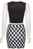 Black Sexy Street Plaid Print Patchwork O Neck Sleeveless Two Pieces