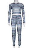 Blue Sexy Striped Print Patchwork O Neck Long Sleeve Two Pieces