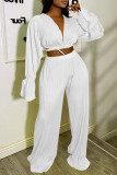 White Sexy Solid Bandage Patchwork V Neck Long Sleeve Two Pieces