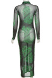 Black Green Sexy Print Patchwork Buckle Turndown Collar One Step Skirt Dresses