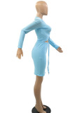 Baby Blue Sexy Solid Patchwork Draw String Fold Asymmetrical Collar Long Sleeve Two Pieces