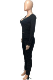 Brownness Fashion Casual Sweet Solid Fold O Neck Long Sleeve Two Pieces