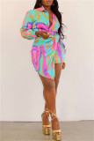 Colour Fashion Casual Print Patchwork Turndown Collar Long Sleeve Dresses