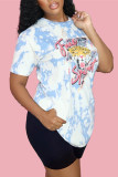 Blue Fashion Casual Print Patchwork O Neck Short Sleeve Two Pieces
