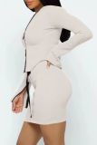 Pink Sexy Solid Patchwork Zipper Collar Long Sleeve Two Pieces
