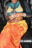 Orange Sexy Print Patchwork O Neck Long Sleeve Two Pieces
