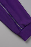 Purple Casual Solid Hollowed Out Patchwork Zipper Off the Shoulder Long Sleeve Two Pieces