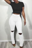 Pink Fashion Casual Solid Ripped Fold Skinny High Waist Trousers