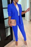 Blue Casual Solid Patchwork Turn-back Collar Long Sleeve Two Pieces