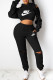 Black Fashion Casual Print Letter Hooded Collar Long Sleeve Two Pieces