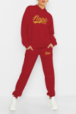 Red Fashion Print Draw String Hooded Collar Long Sleeve Two Pieces