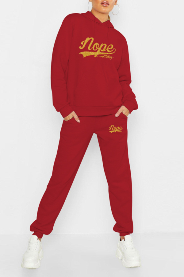 Red Fashion Print Draw String Hooded Collar Long Sleeve Two Pieces