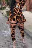 Navy Sexy Street Print Hollowed Out Turn-back Collar Two Pieces