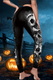 Black Fashion Casual Skull Head Print Patchwork Skinny High Waist Pencil Trousers