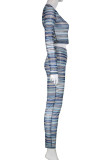 Blue Sexy Striped Print Patchwork O Neck Long Sleeve Two Pieces