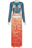 Orange Sexy Print Patchwork O Neck Long Sleeve Two Pieces