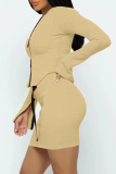 Khaki Sexy Solid Patchwork Zipper Collar Long Sleeve Two Pieces