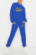 Blue Fashion Print Draw String Hooded Collar Long Sleeve Two Pieces