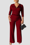 Red Casual Solid Patchwork Turndown Collar Straight Jumpsuits