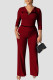 Burgundy Casual Solid Patchwork Turndown Collar Straight Jumpsuits