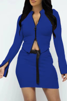 Blue Sexy Solid Patchwork Zipper Collar Long Sleeve Two Pieces