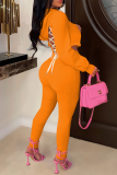 Orange Fashion Solid Patchwork V Neck Long Sleeve Two Pieces