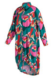 Red Casual Print Patchwork Buckle Shirt Dress Dresses