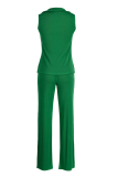 Green Fashion Solid Patchwork Turndown Collar Sleeveless Two Pieces