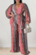 Pink Casual Print Bandage Patchwork V Neck Plus Size Jumpsuits