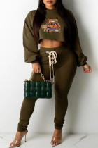 Army Green Fashion Casual Print Basic Hooded Collar Long Sleeve Two Pieces