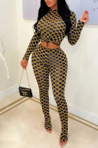 Golden Yellow Sexy Print Patchwork O Neck Long Sleeve Two Pieces