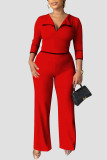 Red Casual Solid Patchwork Turndown Collar Straight Jumpsuits