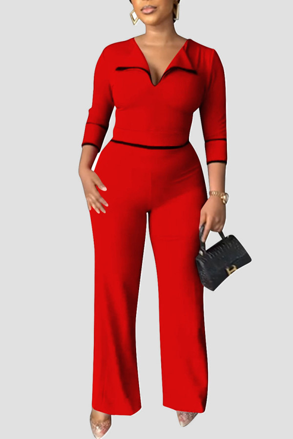 Red Casual Solid Patchwork Turndown Collar Straight Jumpsuits