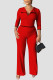 Red Casual Solid Patchwork Turndown Collar Straight Jumpsuits