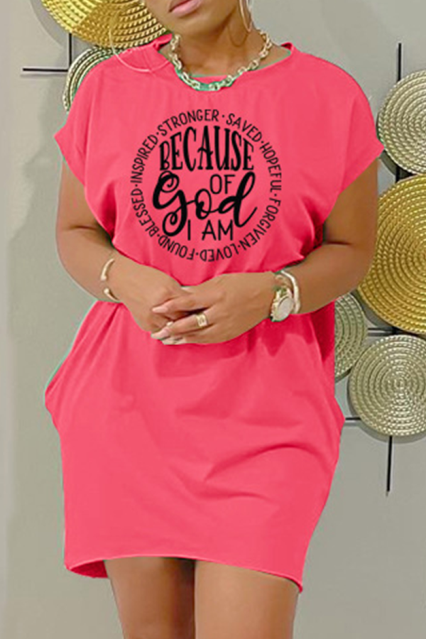 Rose Red Casual Print Patchwork O Neck Straight Dresses