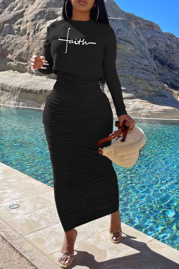 Black Fashion Print Patchwork O Neck Long Sleeve Two Pieces