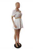 White Fashion Casual Solid Patchwork Turndown Collar Shirt Dress Short Sleeve Dress