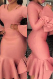 Pink Fashion Sexy Solid Hollowed Out V Neck Long Sleeve Dresses