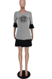 Grey Casual Print Patchwork O Neck Cake Skirt Dresses